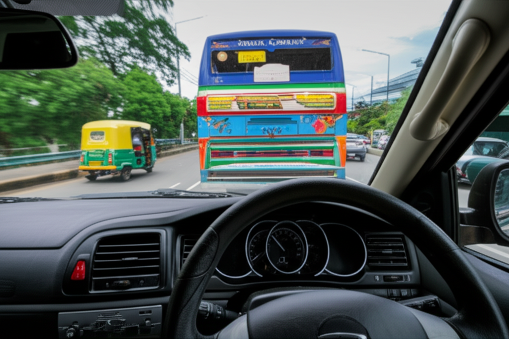 View from inside a car of the busy traffic on a road in Sri Lanka, including buses and tuk-tuks.