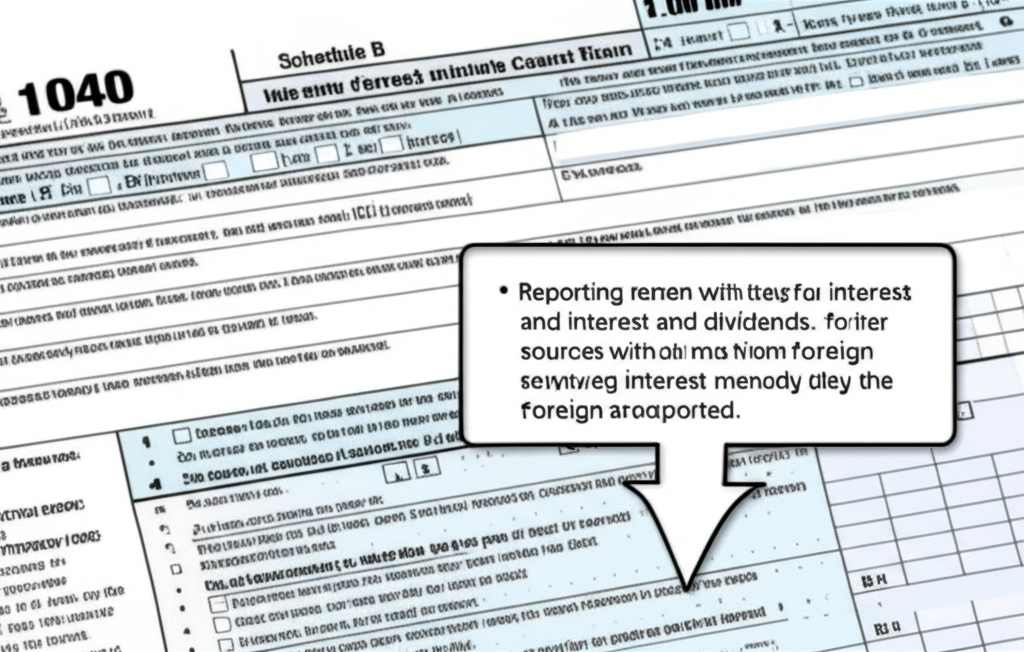 IRS Schedule B form highlighted to show where to report foreign interest from a Sri Lankan account.