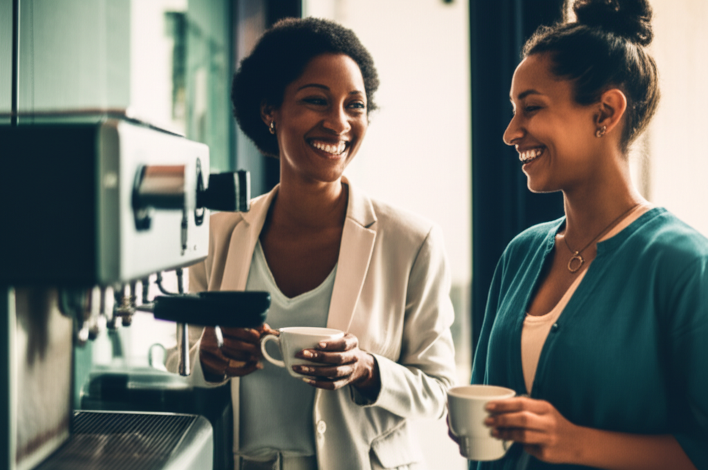 Two colleagues making friendly small talk during a coffee break.