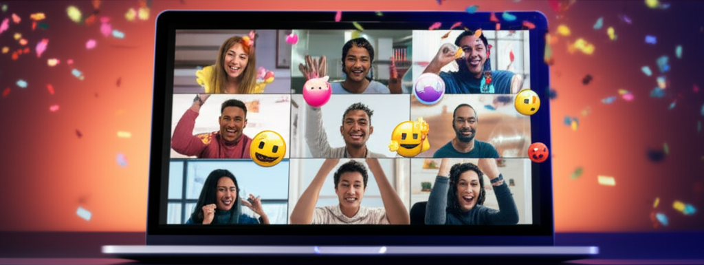 A remote team from different locations celebrating a success together on a video conference.