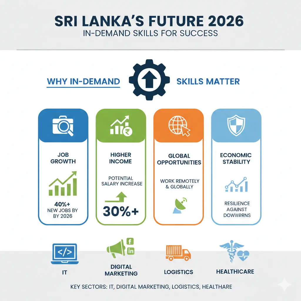 Infographic: Best in‑demand skills for Sri Lankans in 2026: IT, digital marketing, logistics, and healthcare. — key facts and figures at a glance