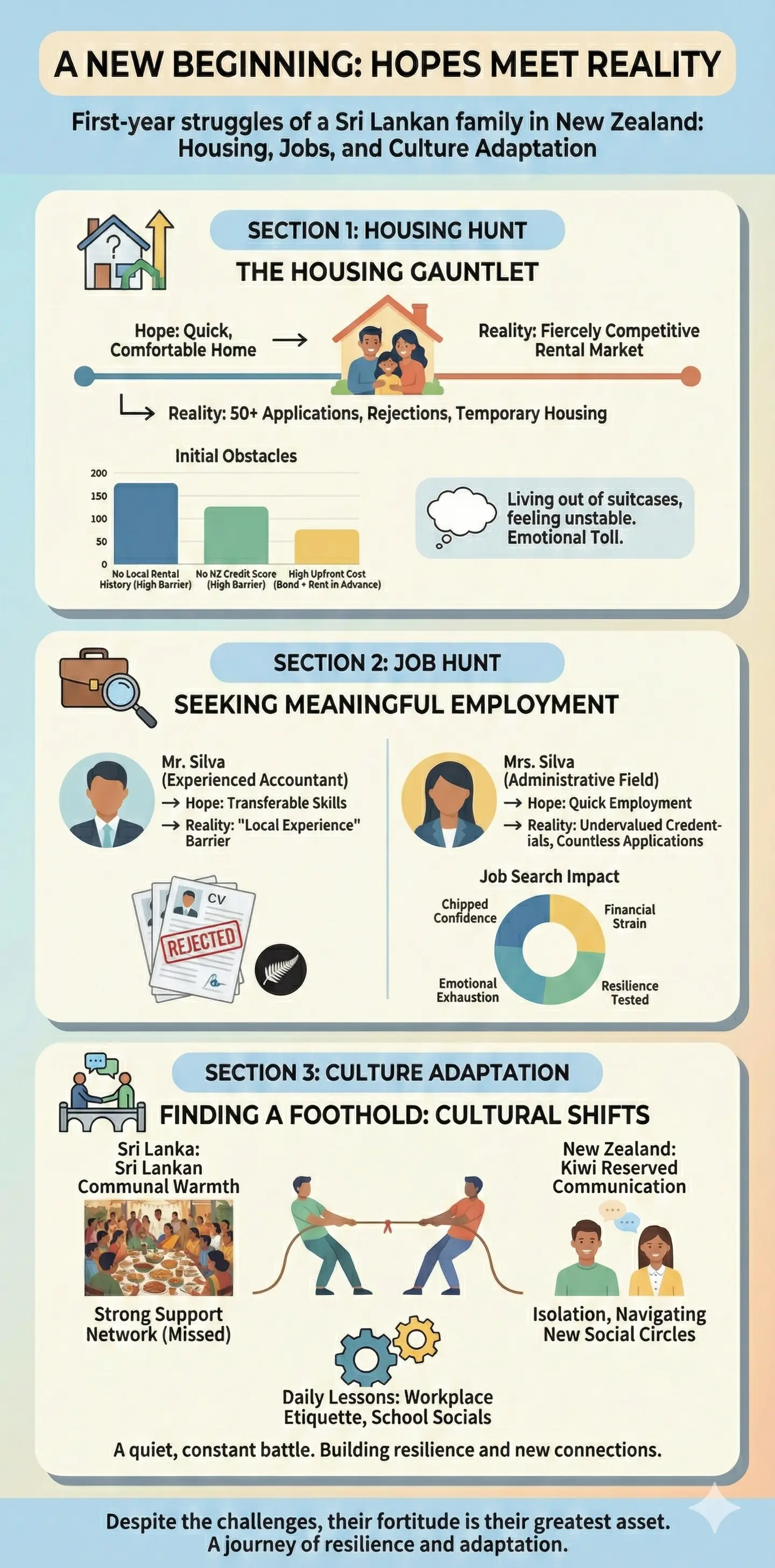 Infographic: First-year struggles in New Zealand: Sri Lankan family's housing hunt, job hunt, and culture adaptation — key facts and figures at a glance