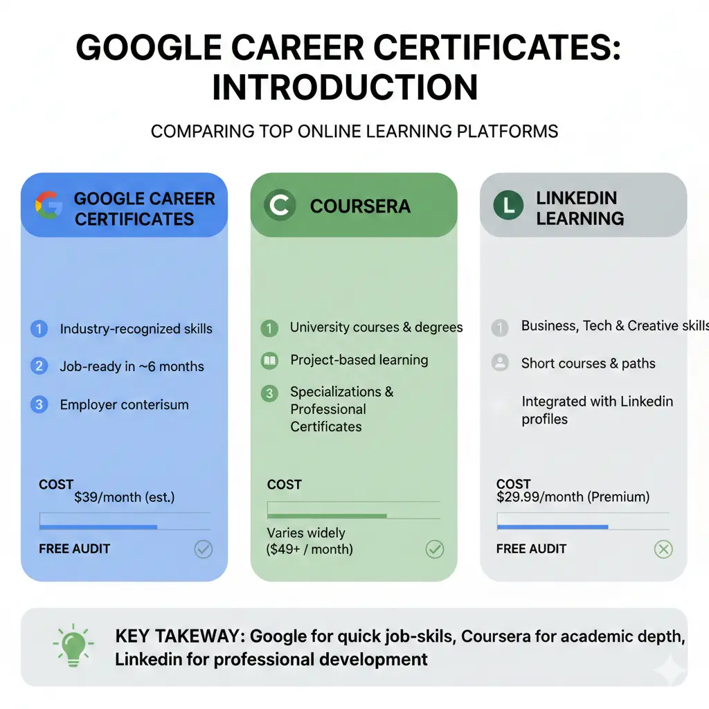 Infographic: Google Career Certificates vs Coursera vs LinkedIn Learning — key facts and figures at a glance