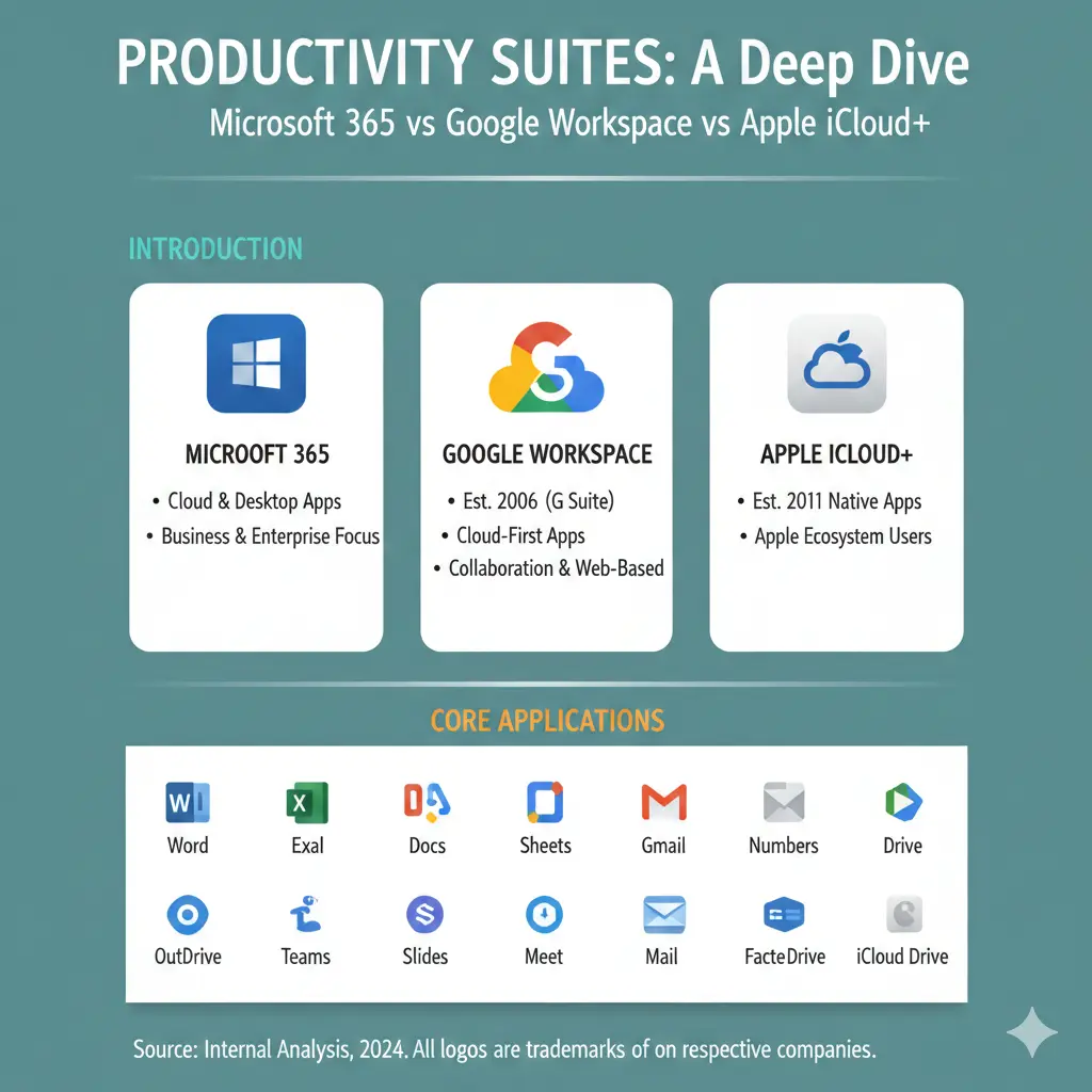 Infographic: Productivity Suites: Microsoft 365 vs Google Workspace vs Apple iCloud+ — key facts and figures at a glance
