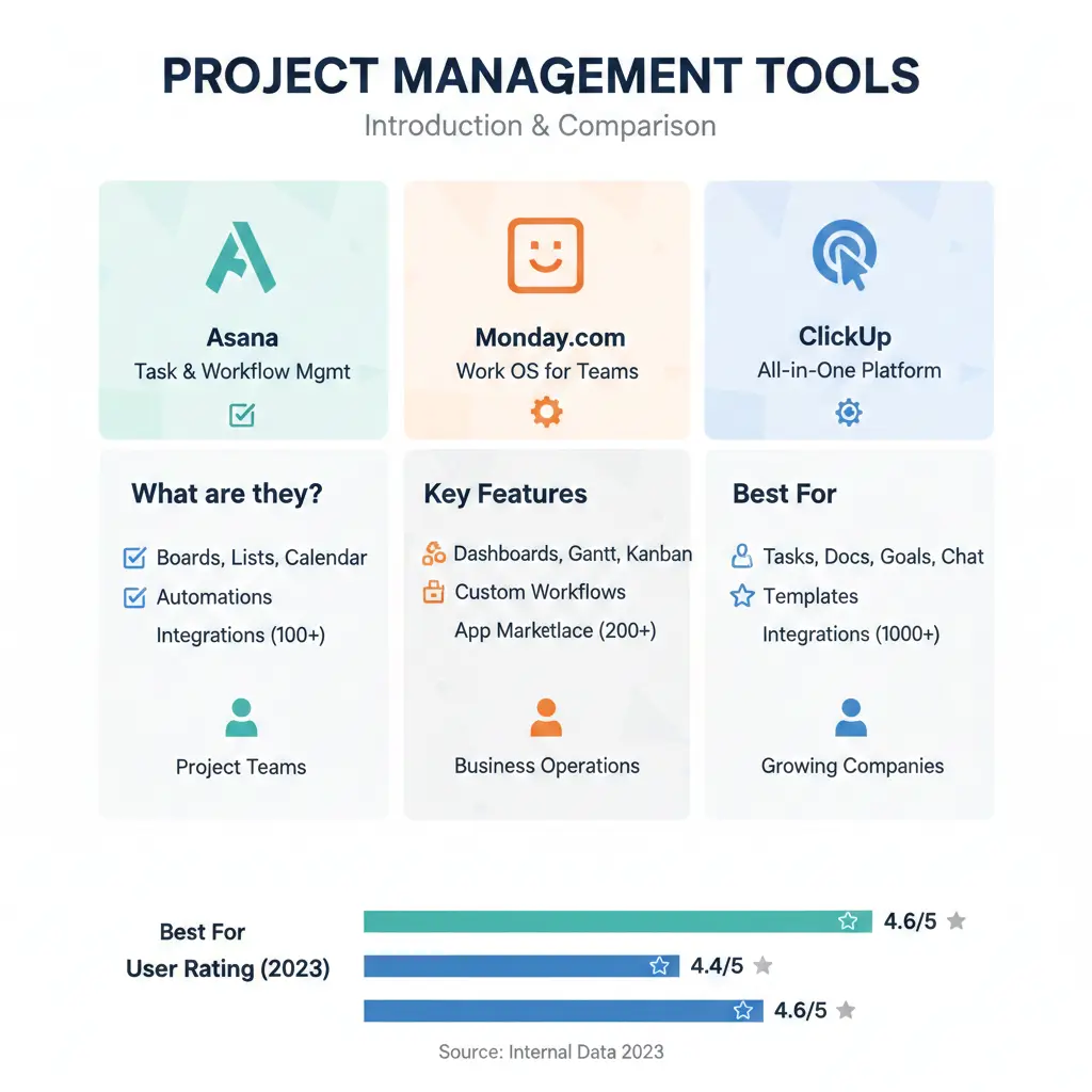 Infographic: Project Management Tools: Asana vs Monday.com vs Clickup — key facts and figures at a glance