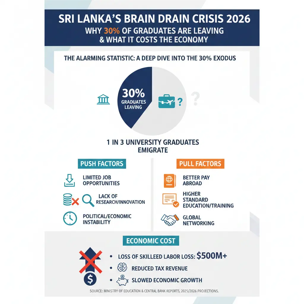Infographic: Sri Lanka's Brain Drain Crisis 2026: Why 30% of graduates are leaving and what it costs the economy — key facts and figures at a glance