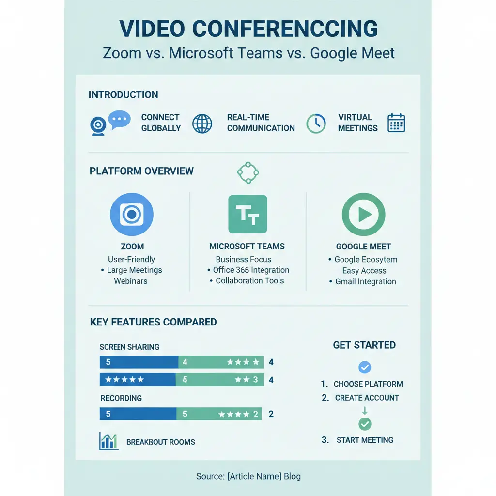 Infographic: Video Conferencing: Zoom vs Microsoft Teams vs Google Meet — key facts and figures at a glance
