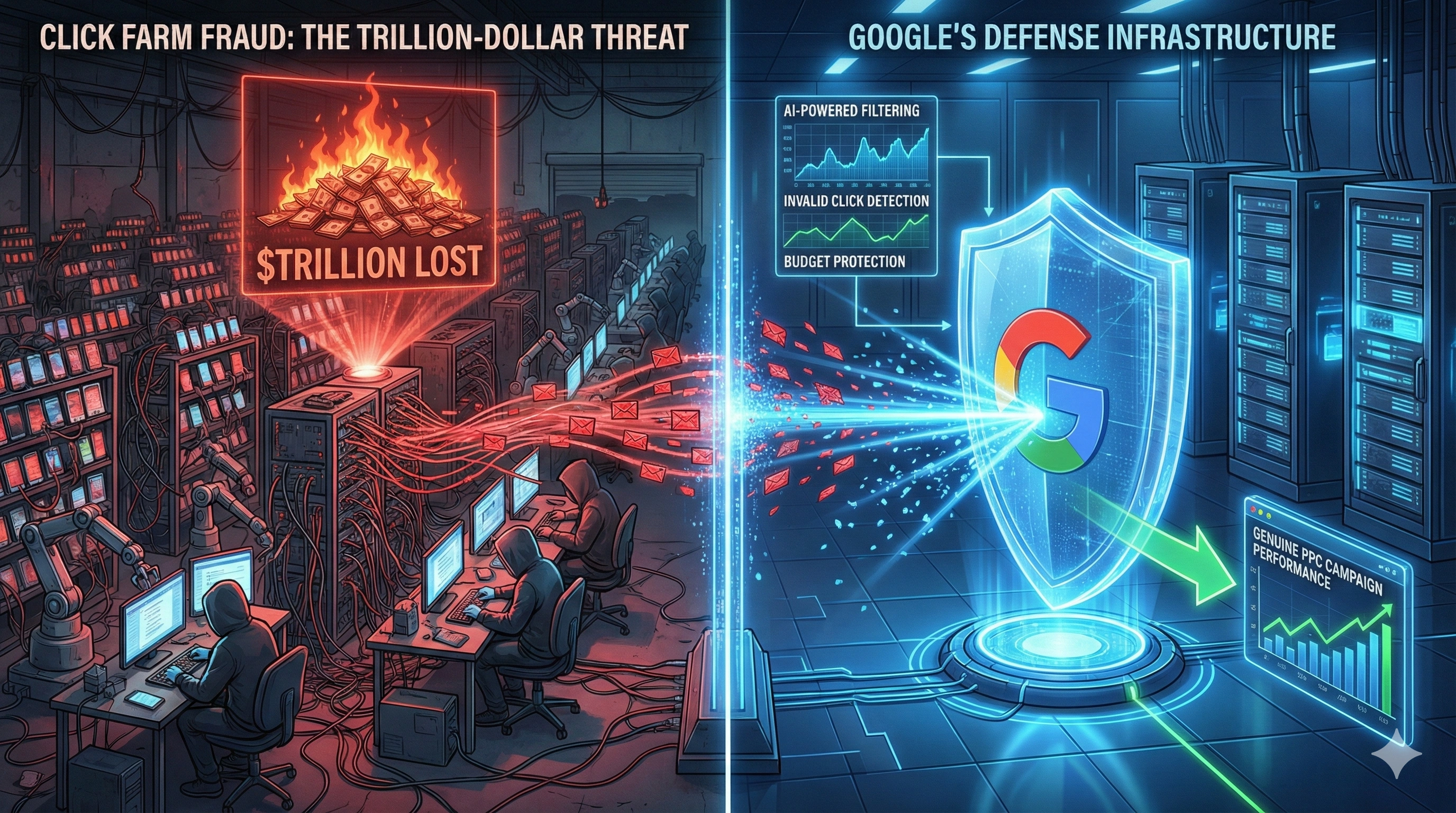 Click Farm Fraud in PPC Advertising: Exposing the Trillion-Dollar Threat and Google's Defense Infrastructure