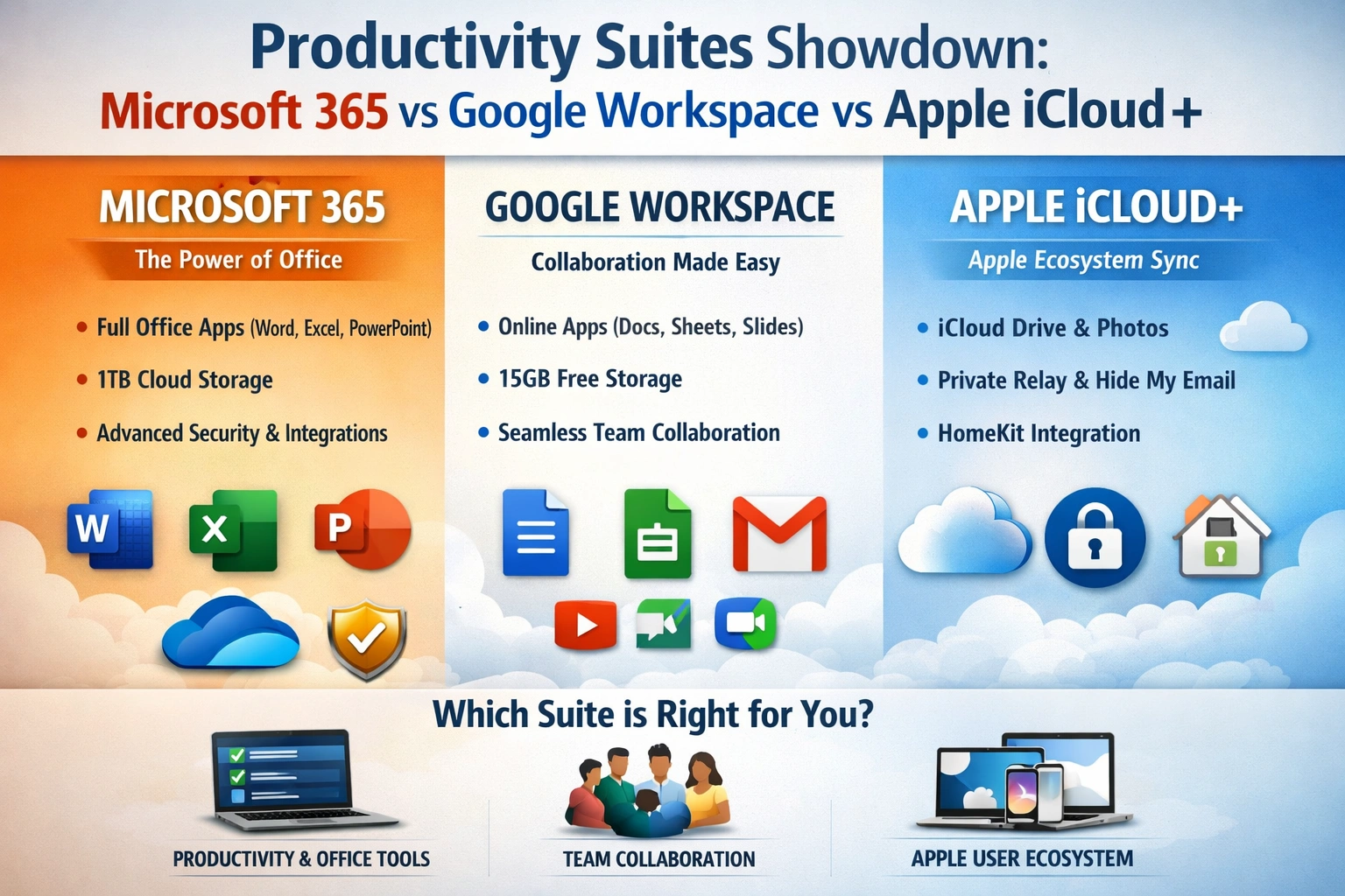 Productivity Suites: Microsoft 365 vs Google Workspace vs Apple iCloud+
