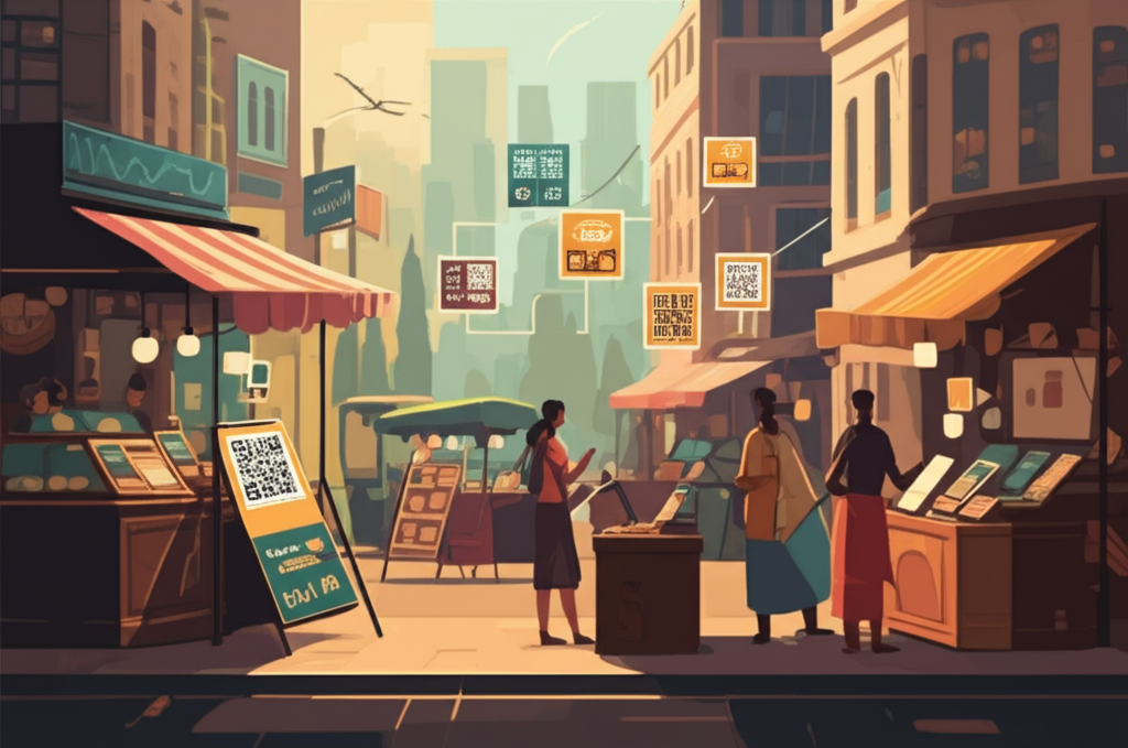 Busy Sri Lankan street with shops displaying LankaQR codes and people paying via phone