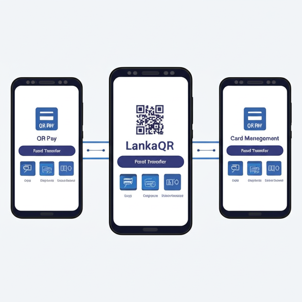 Three generic Sri Lankan bank apps on phones connected by a central LankaQR icon
