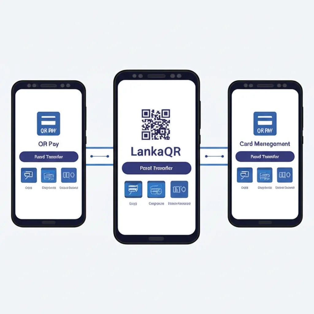 Three generic Sri Lankan bank apps on phones connected by a central LankaQR icon