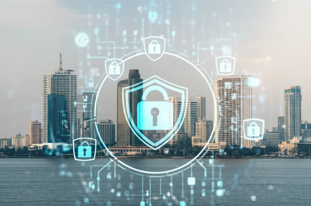 Colombo city skyline with digital security icons symbolizing secure online banking in Sri Lanka