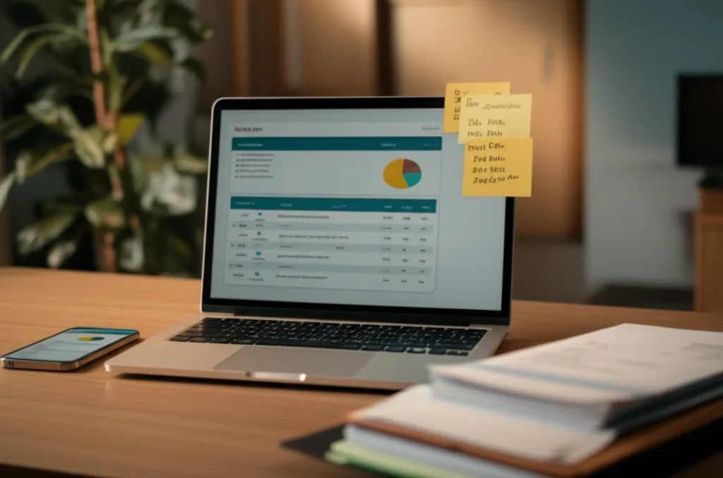 Organized Sri Lankan home office desk showing a laptop dashboard summarizing paid online utility and insurance bills