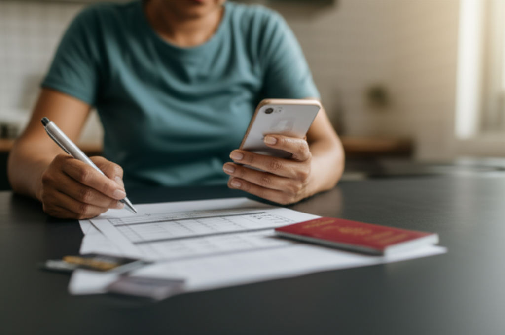 Sri Lankan woman following a checklist to safely receive an international remittance into her bank account
