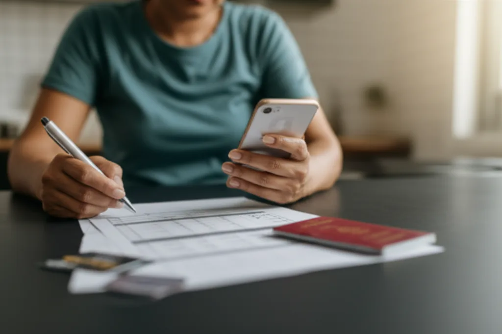 Sri Lankan woman following a checklist to safely receive an international remittance into her bank account