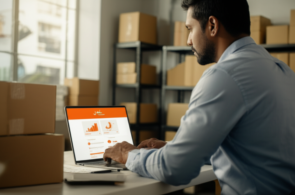 Sri Lankan online seller checking Daraz sales analytics on a laptop in a home office