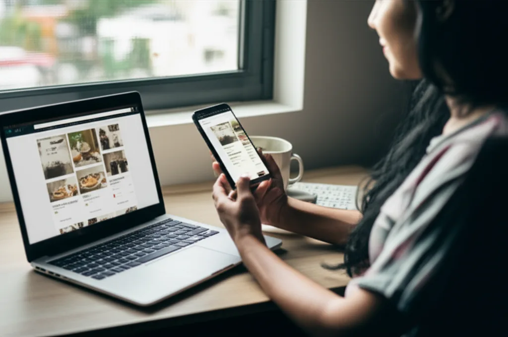 Sri Lankan shopper comparing trustworthy and untrustworthy online stores on laptop and phone