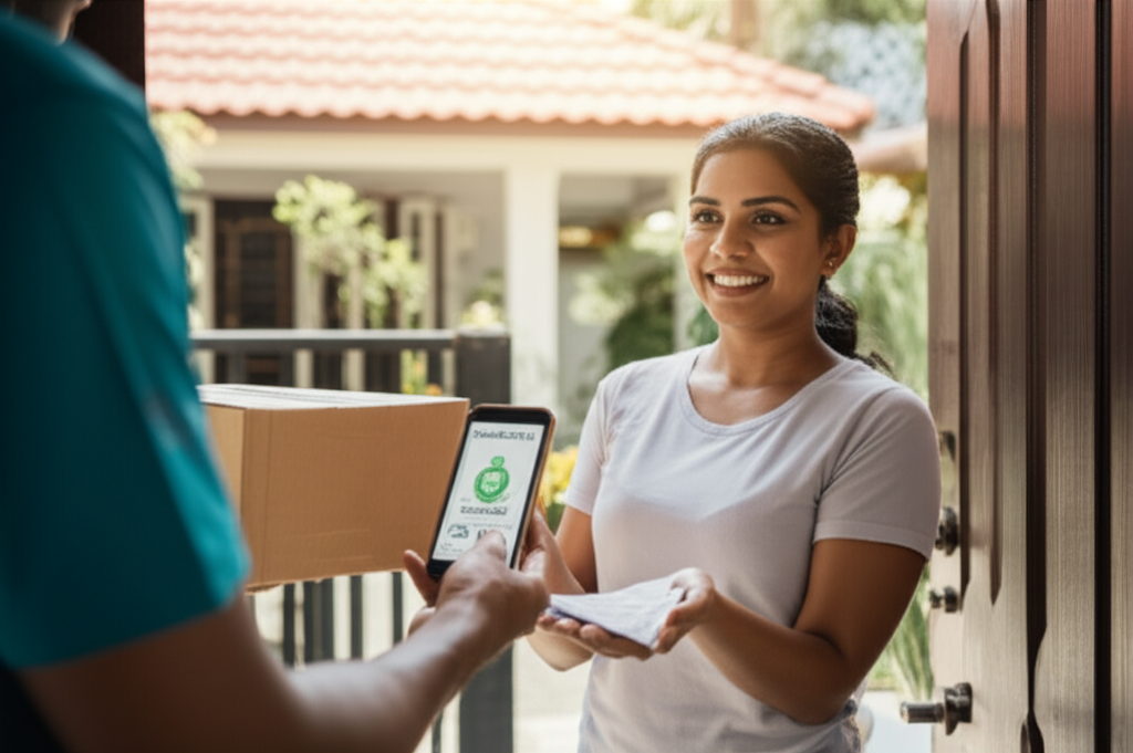 Sri Lankan customer paying cash on delivery to a courier for an online order