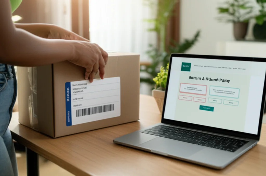 Customer preparing an online purchase for return next to a laptop showing return policy