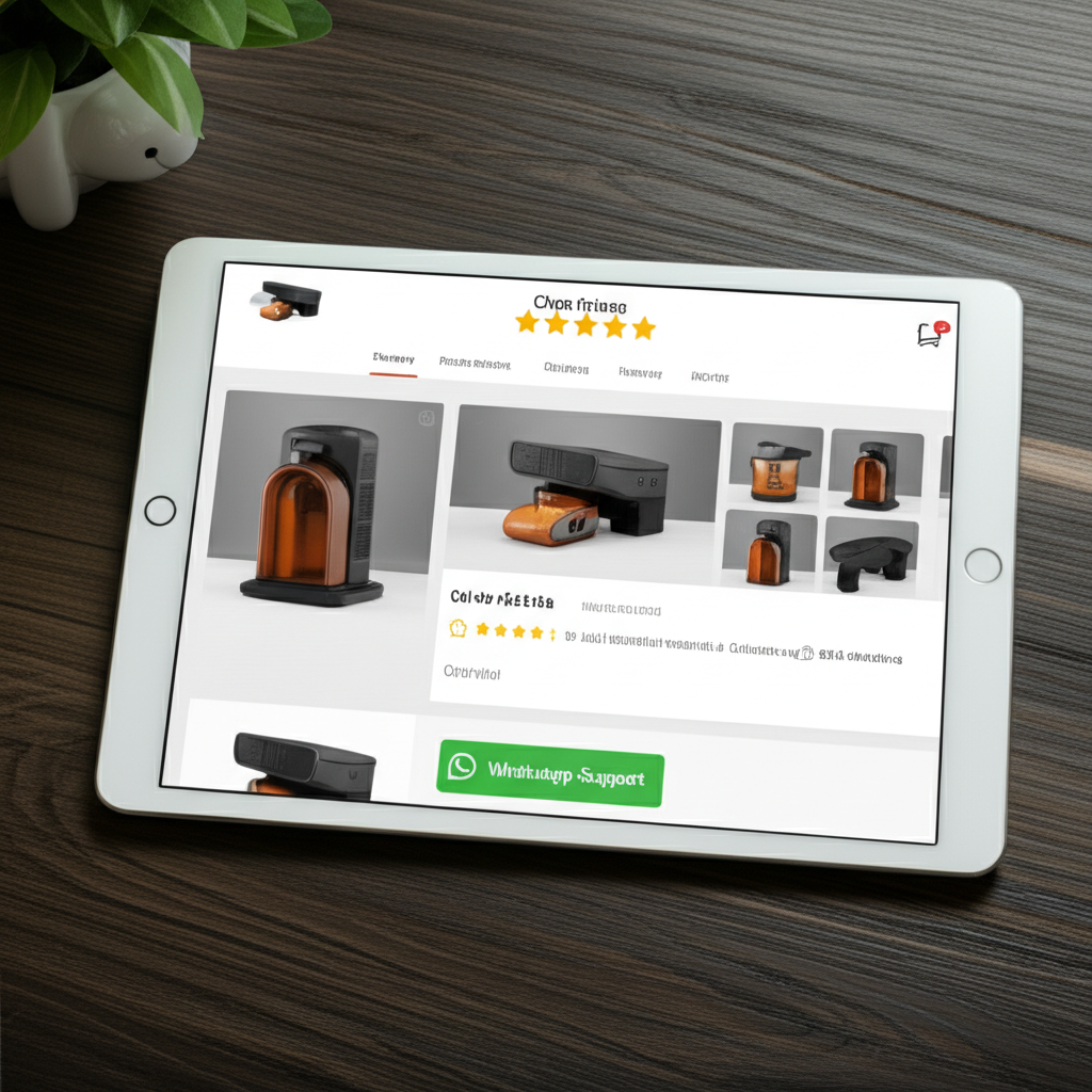Product page showing reviews, delivery badges and WhatsApp support button for trust