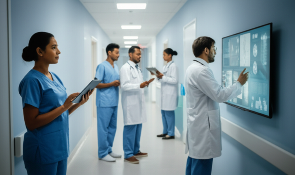 Sri Lankan doctors and nurses using digital tools in a modern hospital corridor