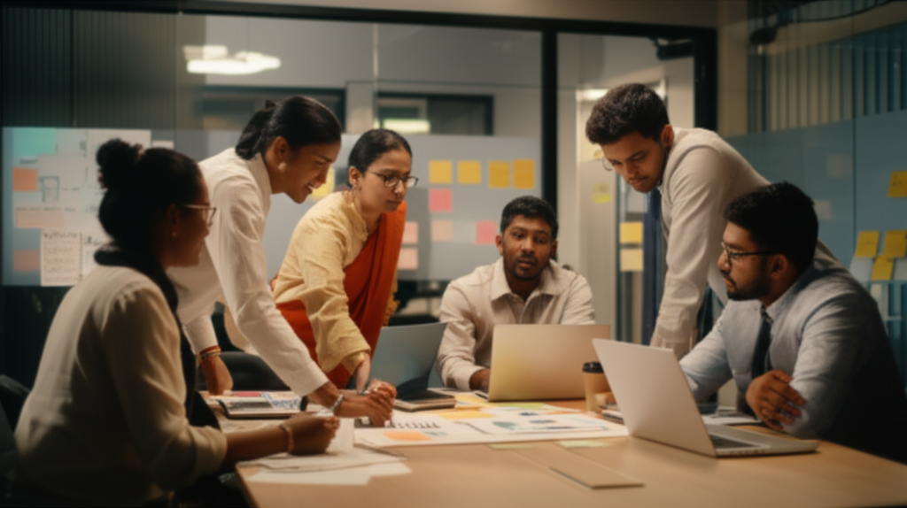 Sri Lankan professionals collaborating and discussing ideas in a meeting room
