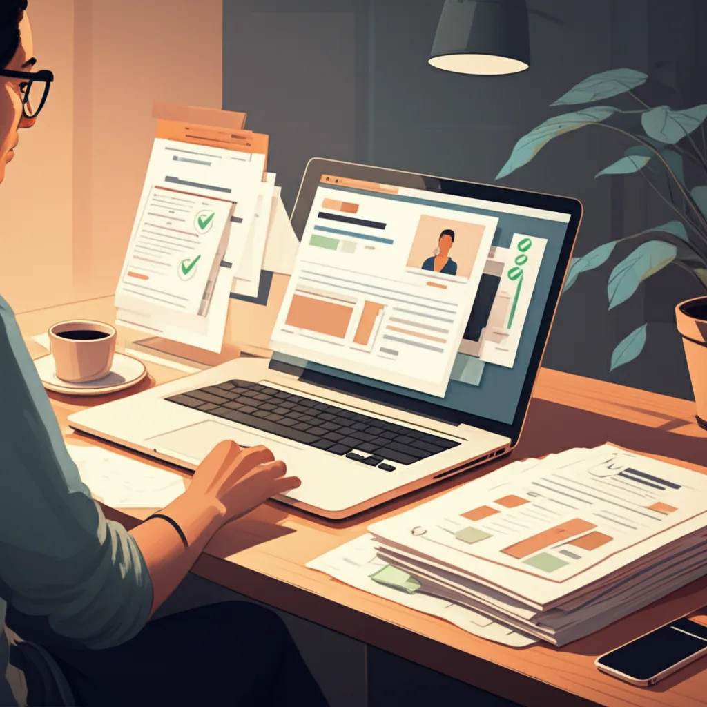Job seeker browsing remote job listings and preparing tailored applications at a tidy desk