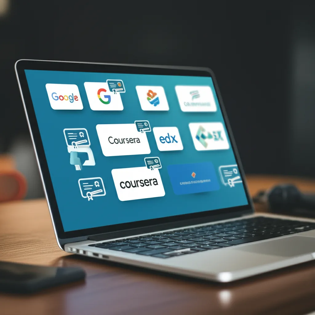 Laptop displaying major global online learning platforms that offer certificates