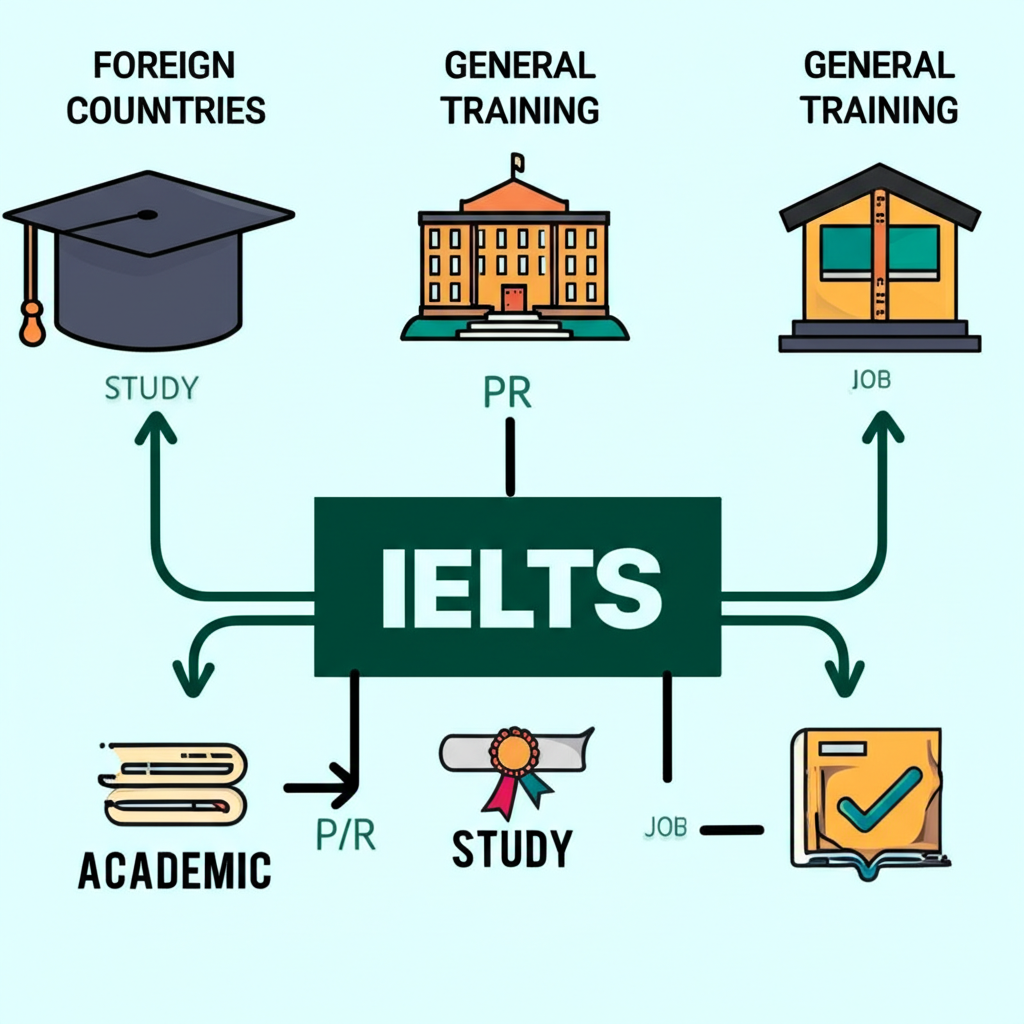Diagram showing IELTS as a bridge from Sri Lanka to overseas study, PR and jobs