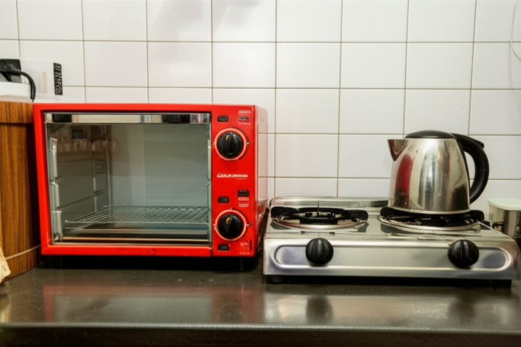 Compact oven and two-burner gas cooker neatly arranged on a small apartment kitchen counter