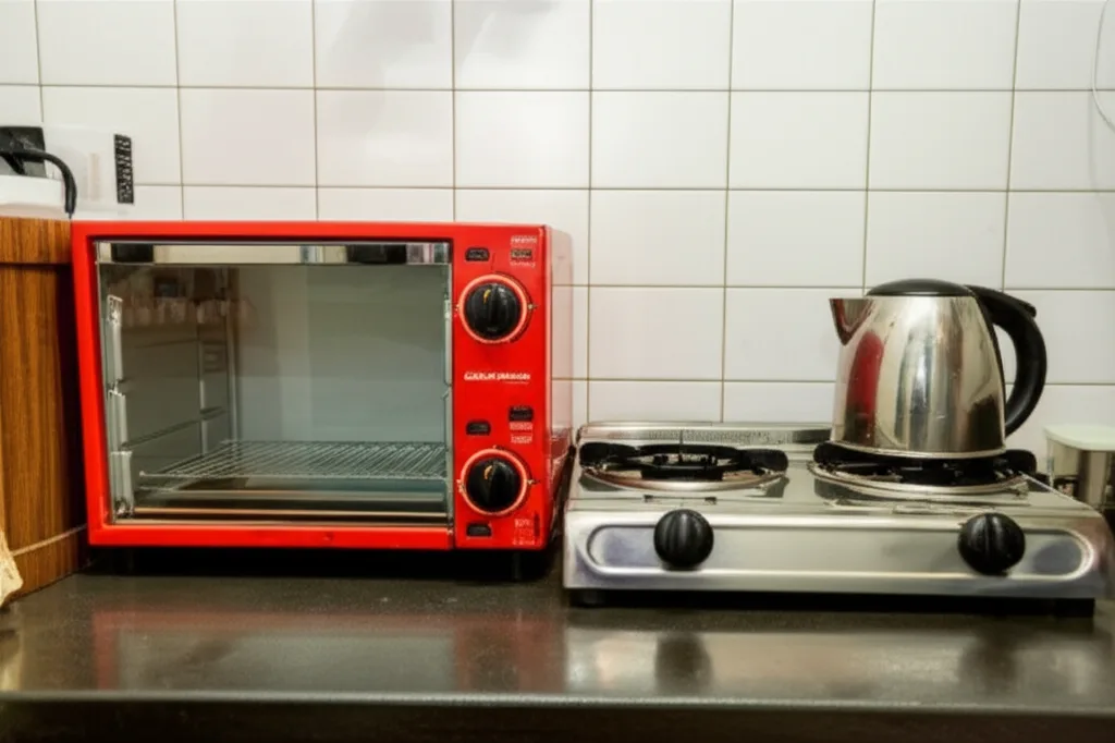 Compact oven and two-burner gas cooker neatly arranged on a small apartment kitchen counter