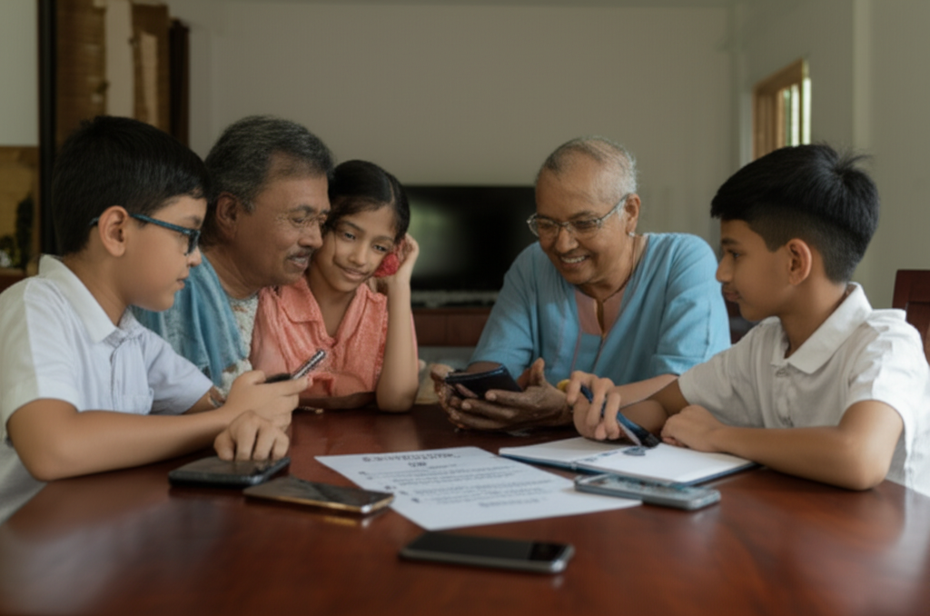 Sri Lankan parents, grandparents and kids discussing what they need in a smartphone