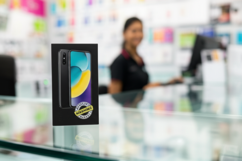 Smartphone box with Sri Lankan warranty sticker at a service counter