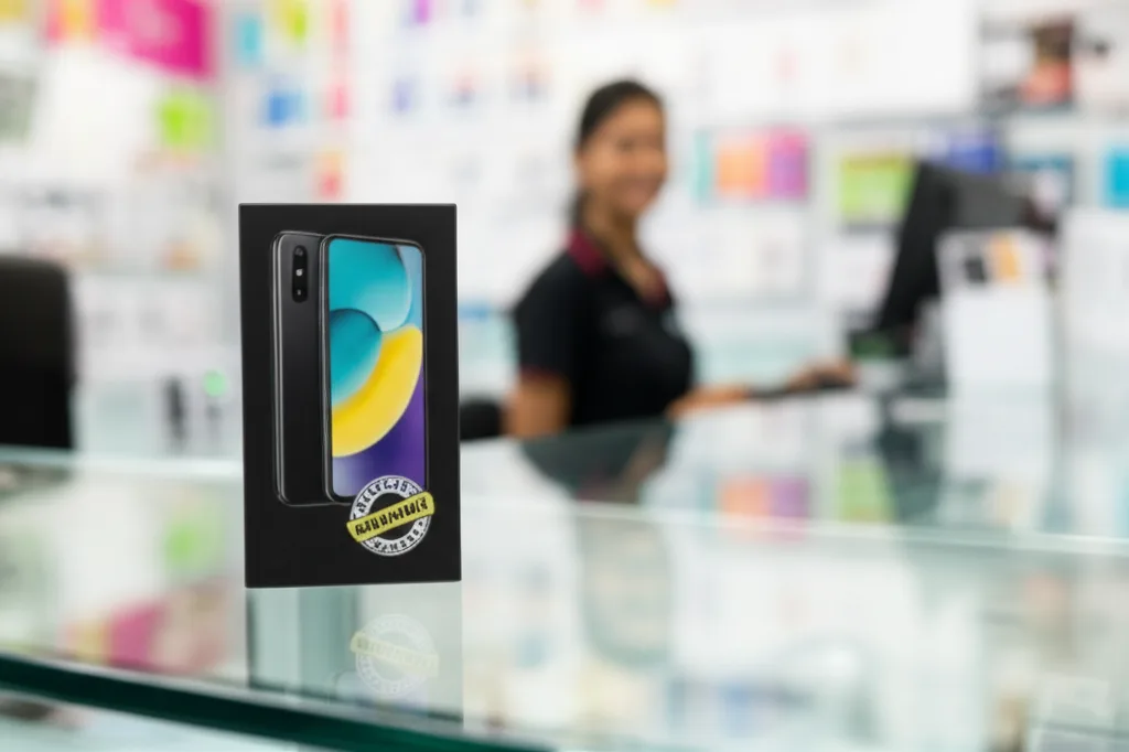 Smartphone box with Sri Lankan warranty sticker at a service counter