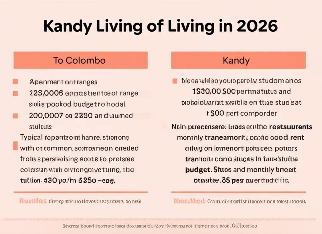 View over Kandy city with residential buildings, market stalls, and buses showing local lifestyle costs