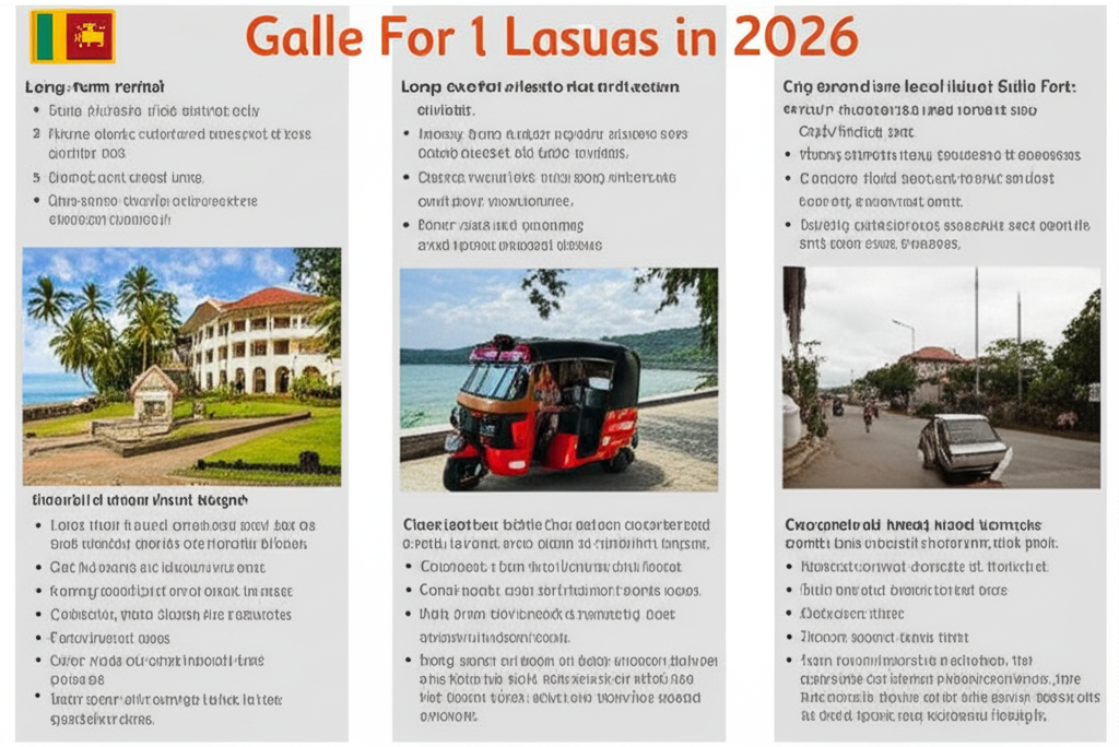 Galle coastal street with houses, local shops, and tuk-tuks showing everyday costs in a tourist town