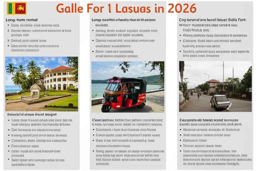 Galle coastal street with houses, local shops, and tuk-tuks showing everyday costs in a tourist town