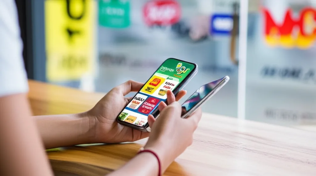 Sri Lankan shopper checking several discount and offer apps on a smartphone at a cafe