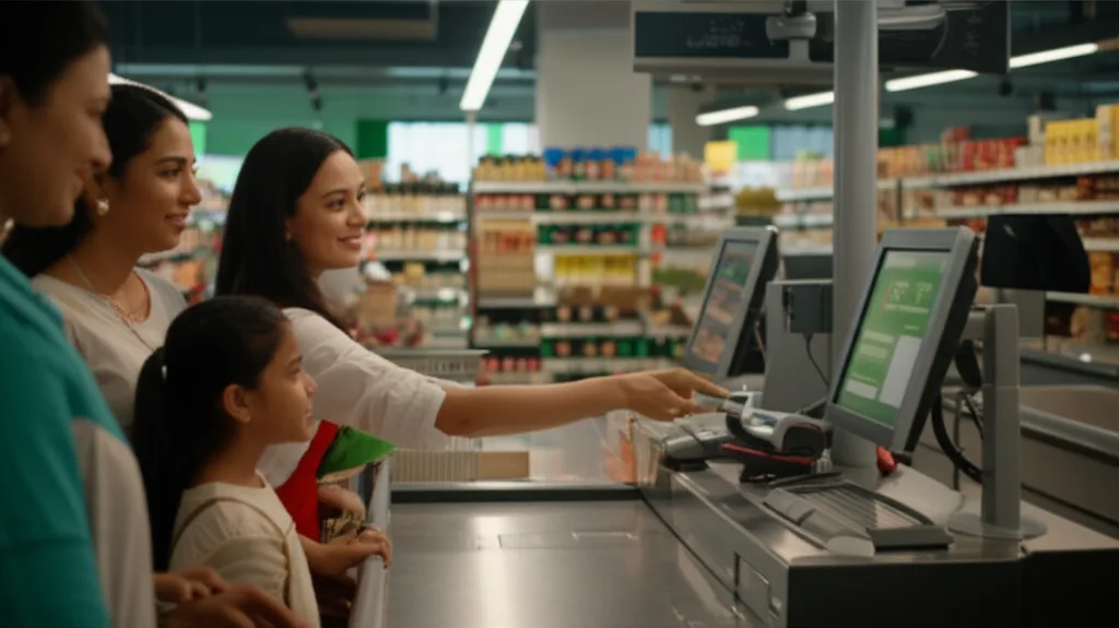 Sri Lankan family redeeming supermarket loyalty points at the checkout counter