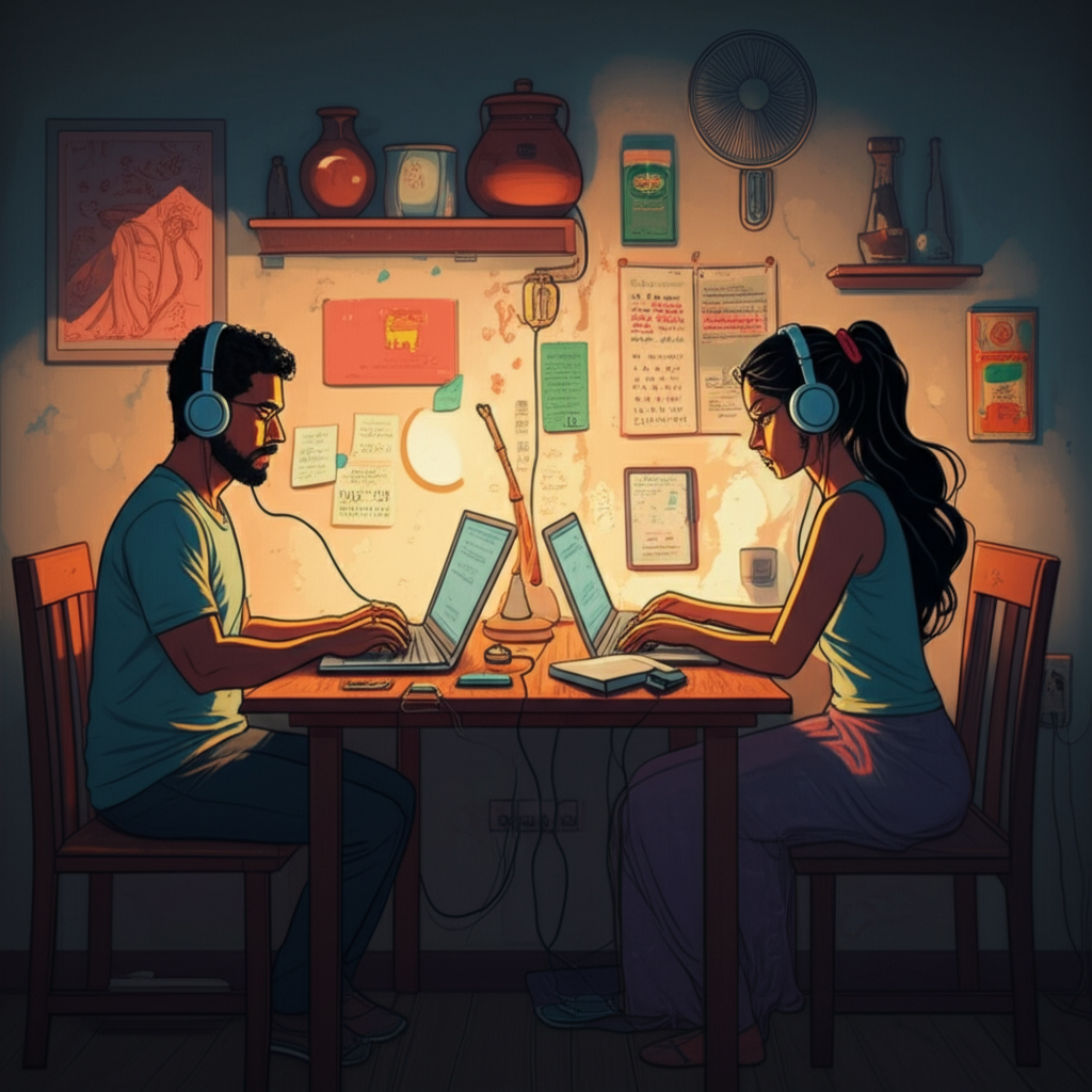 Sri Lankan professionals doing online freelance work from home after their full‑time jobs