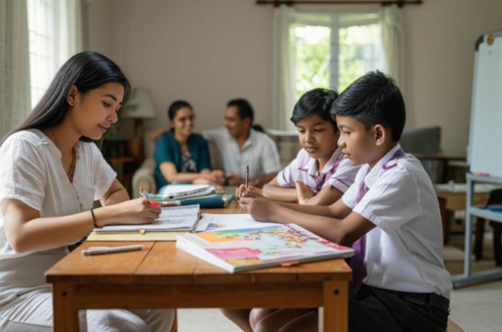 Sri Lankan woman tutoring children at home as a weekend side hustle