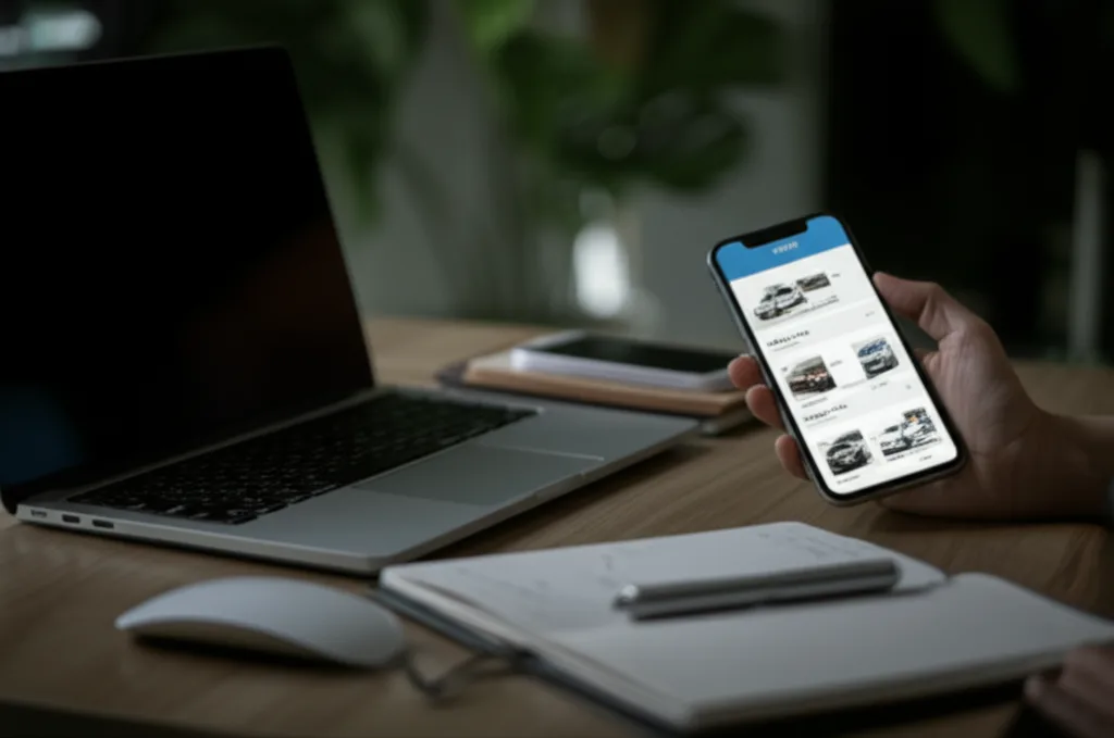 A person sitting at a desk and researching used car prices online.