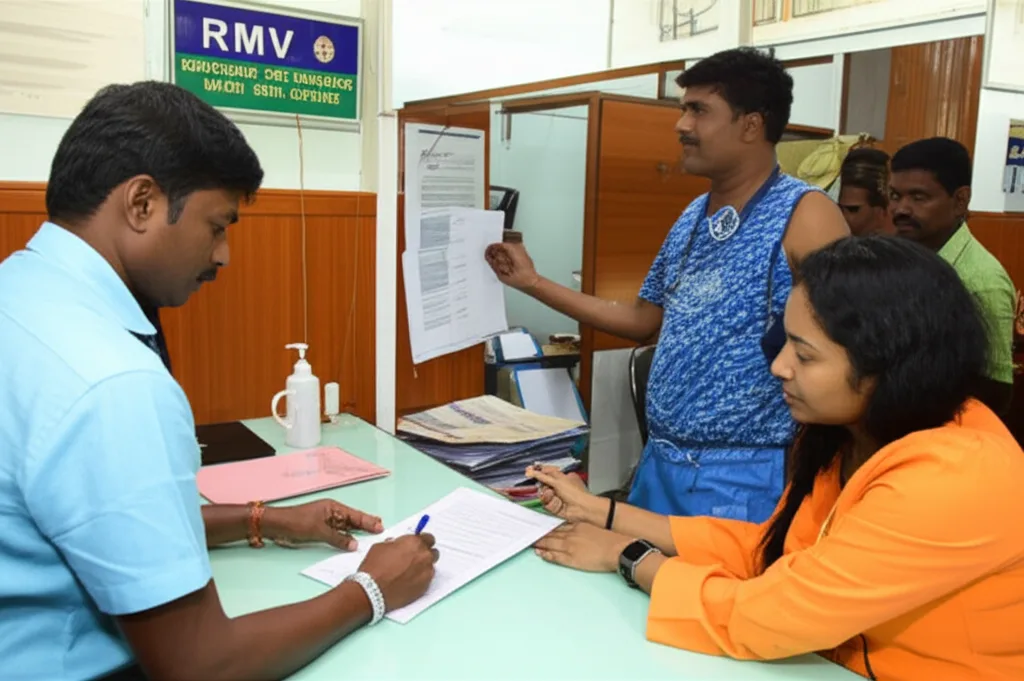 Two people completing vehicle ownership transfer paperwork in an office.