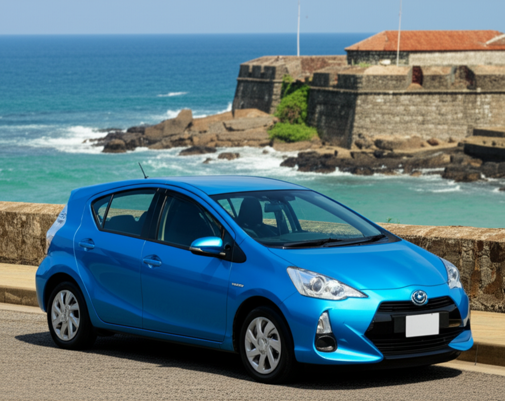 A used Toyota Aqua, a popular and efficient hybrid car in Sri Lanka.