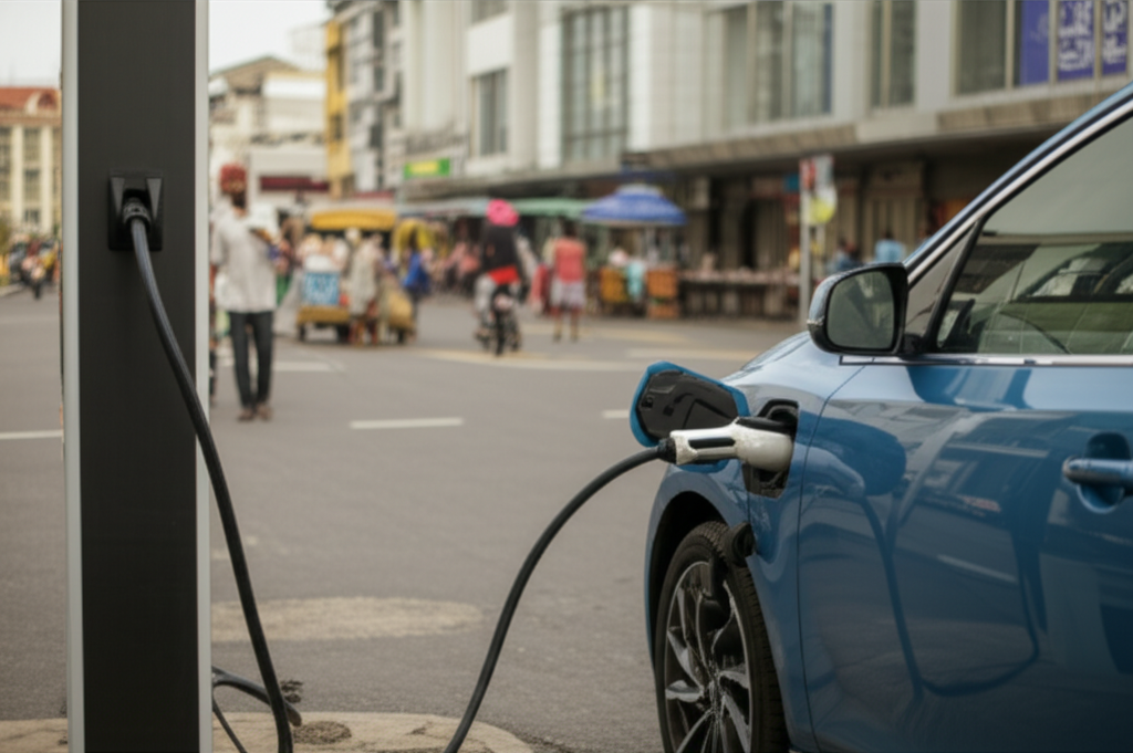 An electric vehicle plugged into a public charging station in a bustling Sri Lankan city.