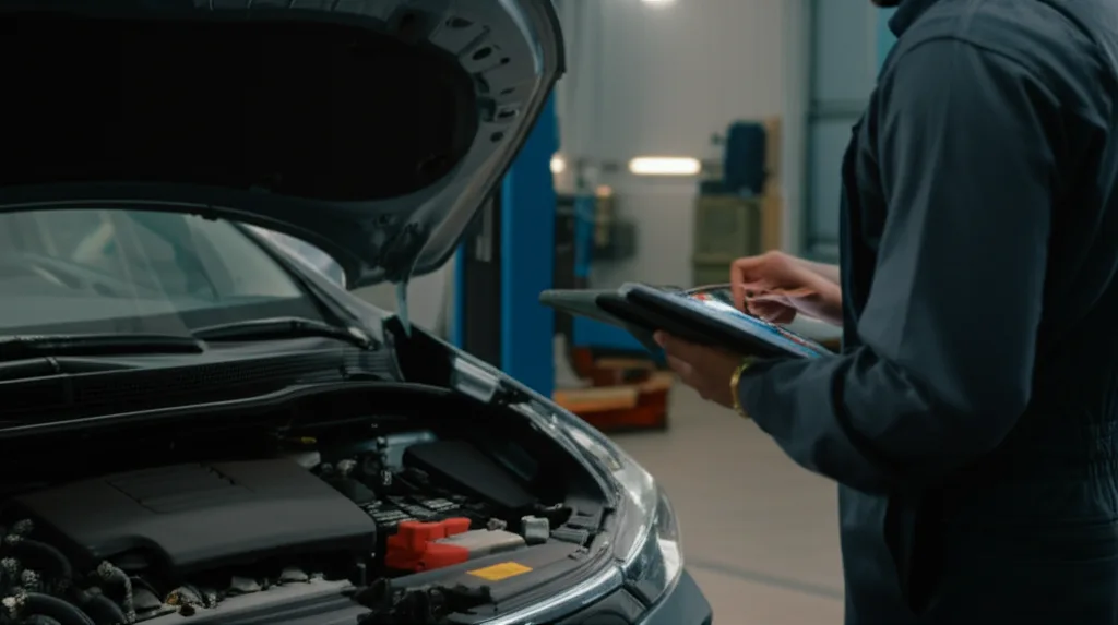 A technician performing a diagnostic check on a hybrid car's battery system in a workshop.