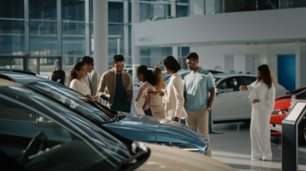 Potential buyers comparing different hybrid and electric vehicles in a car dealership.