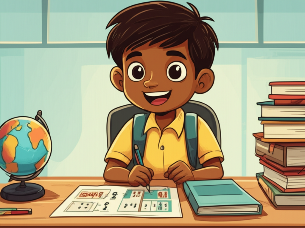 A young student preparing for the Grade 5 Scholarship exam with books and learning materials.