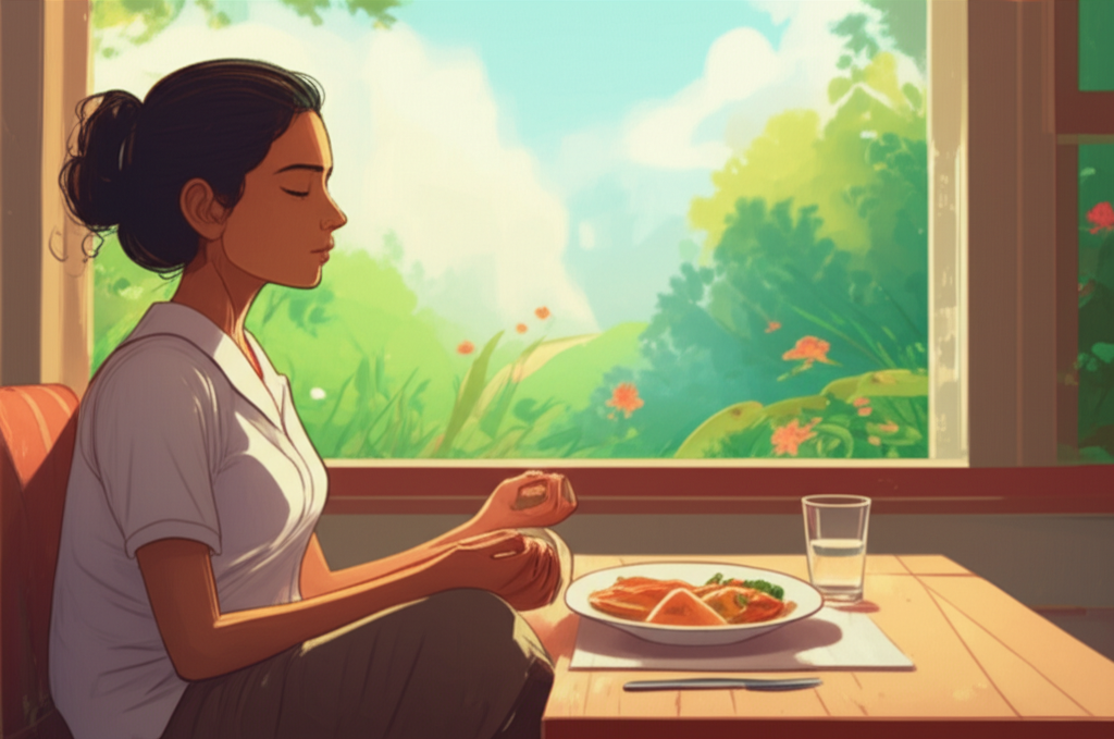 A student taking a break to focus on mental well-being, with elements of healthy food and relaxation.